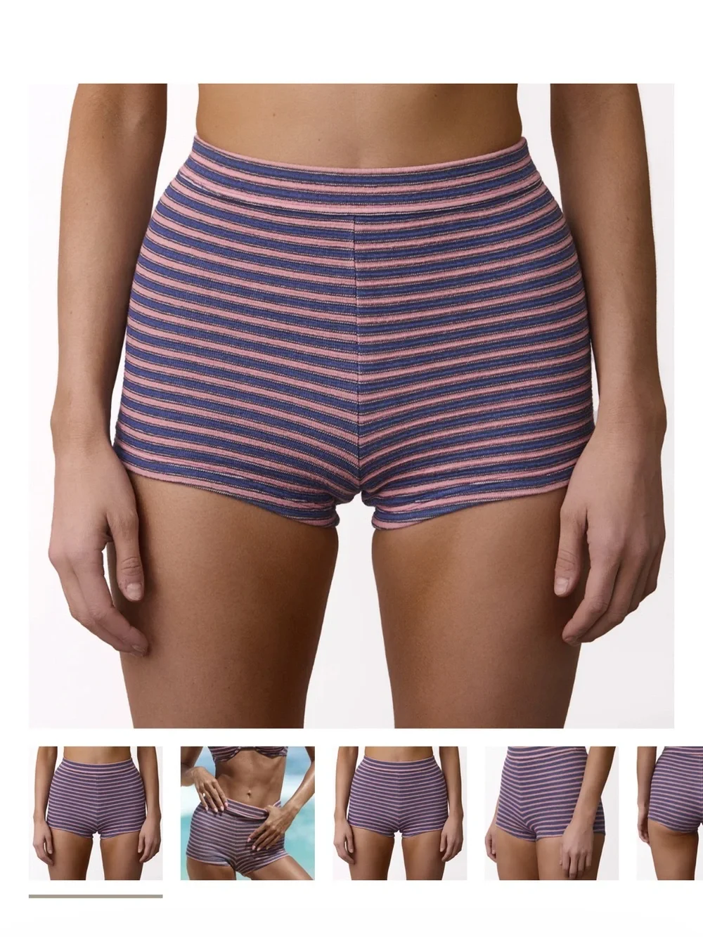 BeachWeek Striped High-Waist Swim Shorts in Pink & Navy